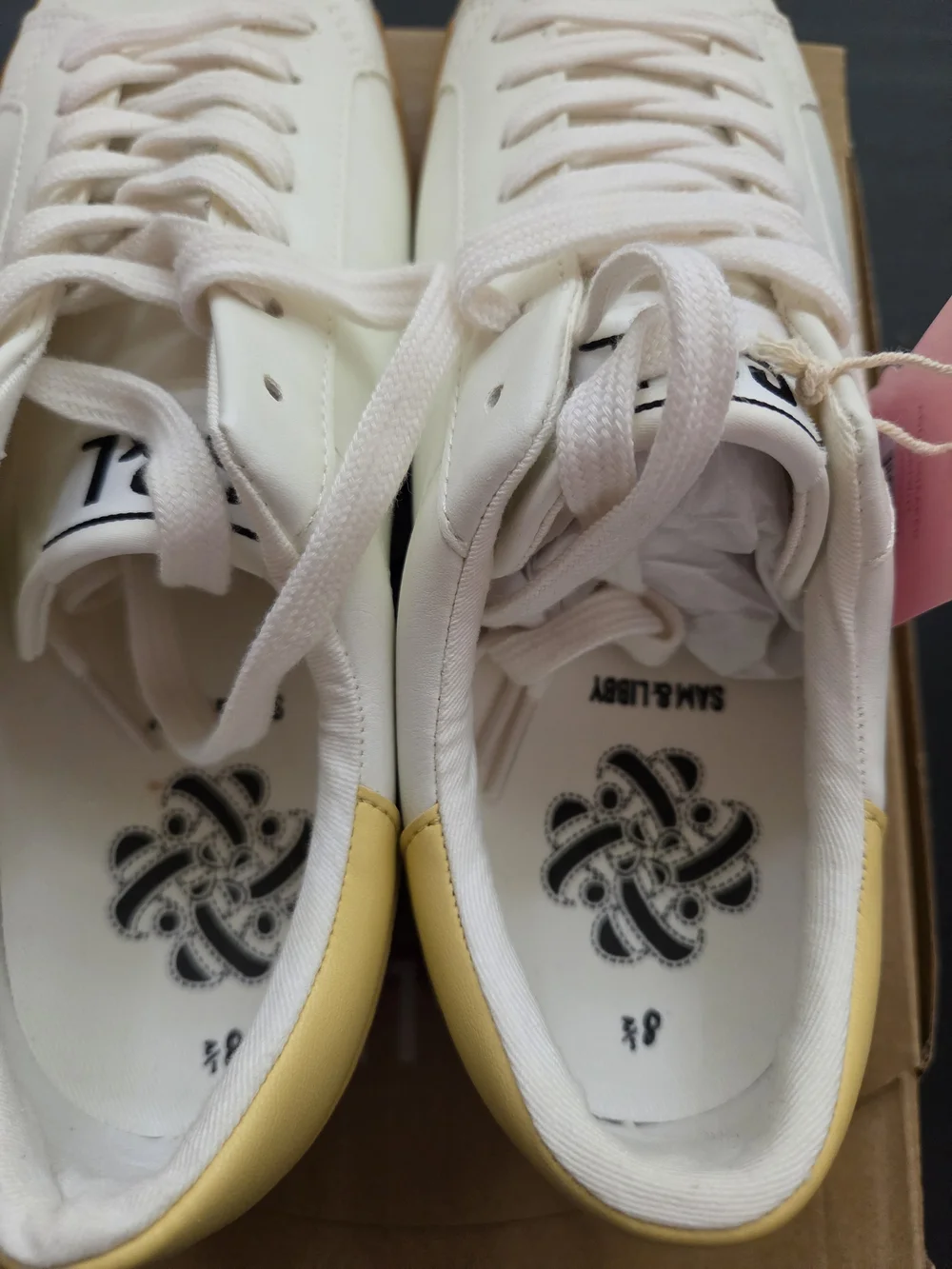 Sam & Libby Women's bright white  Leather Lace-Up Sneakers with Yellow Accent
